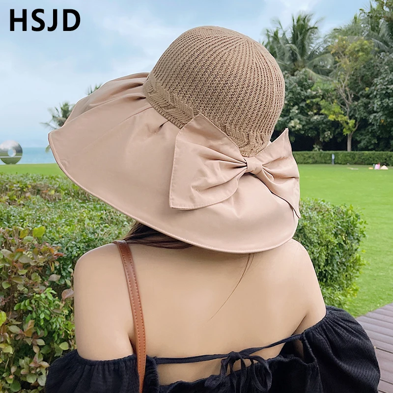 Summer Elegant Large Brim Beach Hat Hepburn Style Bow Net Mesh Floppy Sun  Hats for Women Foldable Anti-UV Travel Sunscreen Cap