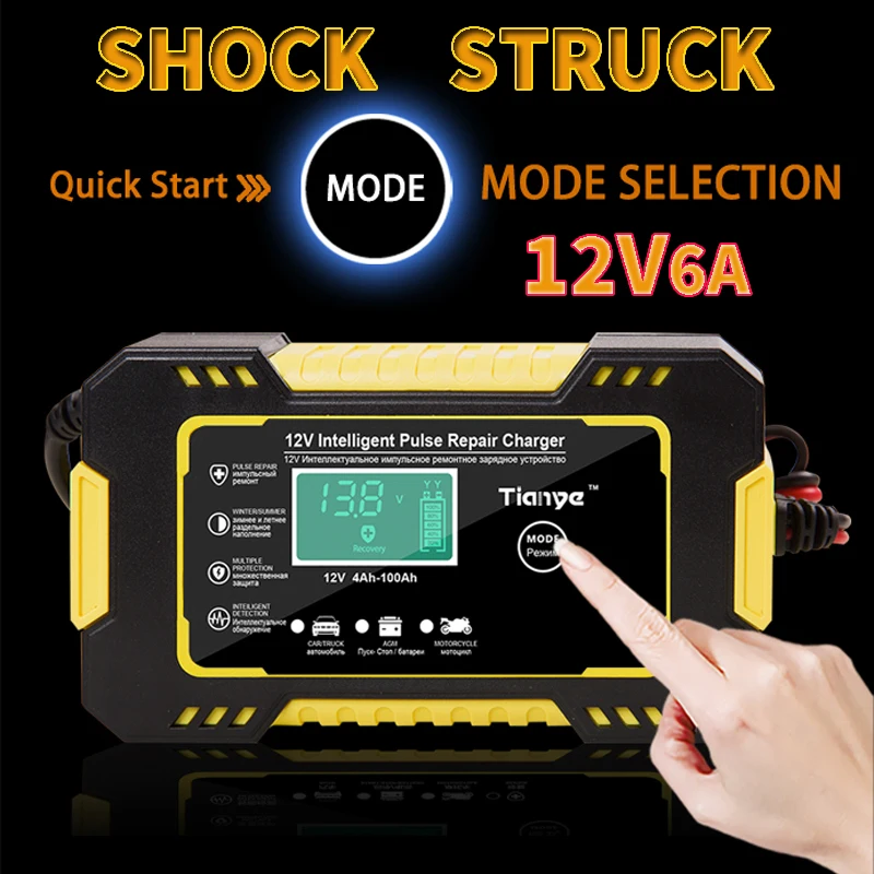 Car Motorcycle Battery Charger 12V 6A car battery accessories For Auto Moto Lead Acid AGM Gel VRLA Smart Charging Digital LCD Display