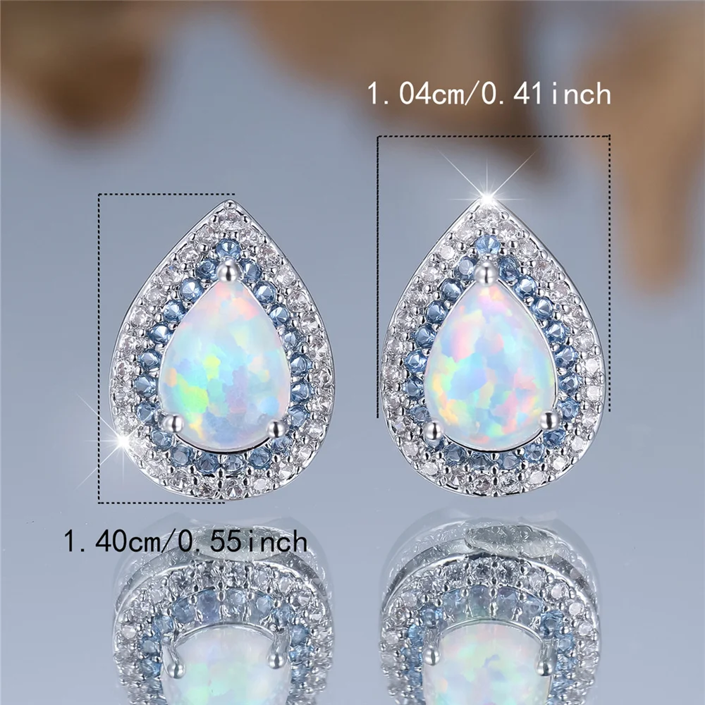 Female Cute White Opal Stone Water Drop Stud Earrings Silver Color Wedding Jewelry For Women