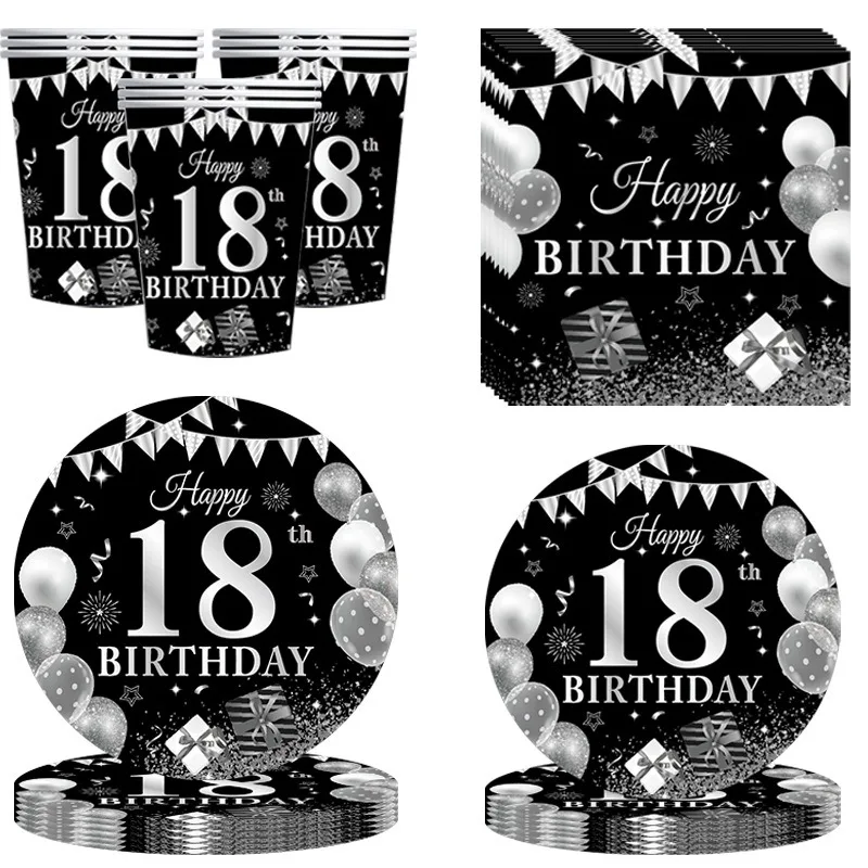 

Black Silver 18 Year Old Disposable Tableware Balloon Happy 18th Birthday Plates Napkins Cheer Men Women Eighteenth Birthday