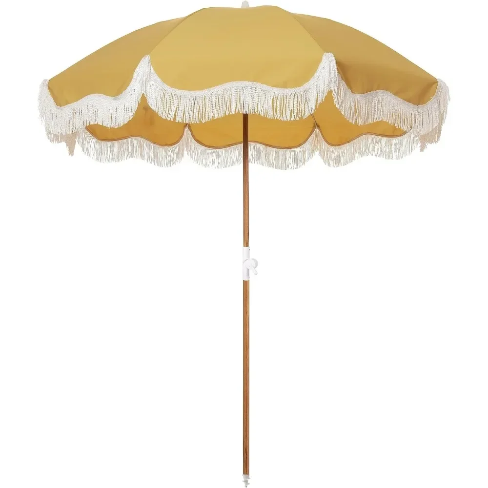 

Holiday Beach Umbrella White Fringe Boho Beach Umbrella, UPF 50+, Premium Wood Pole, 5’W x 6.5’H, Vintage Gold, Patio Umbrellas