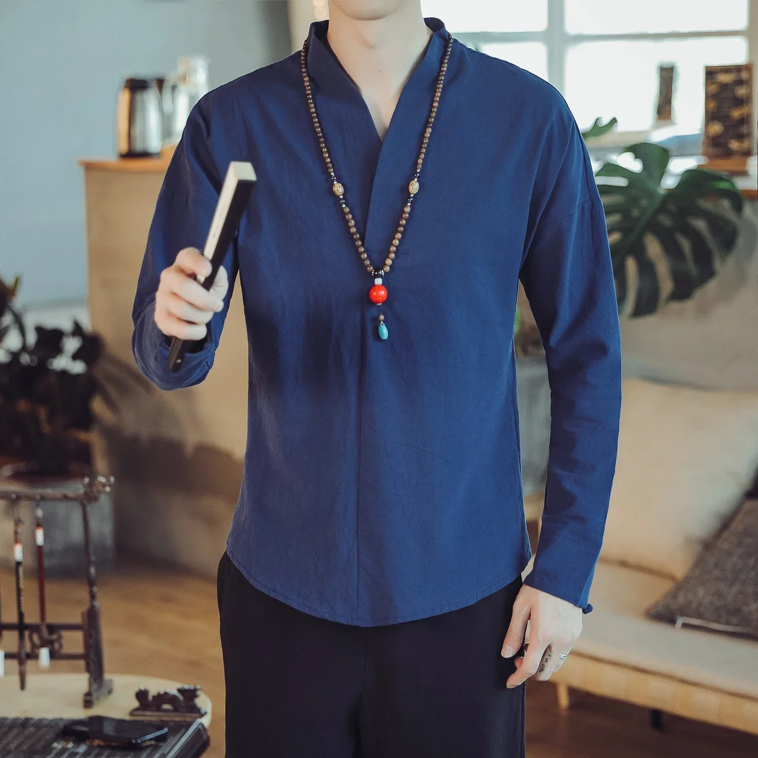 M-5XL Plain Color Autumn Long Sleeve Traditional Chinese Blouse V-Neck Traditional Chinese Clothing For Men Shirt Male