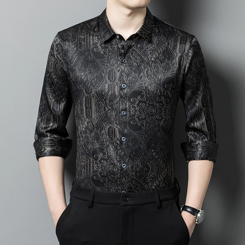 

High Quality Luxury Men Shirt Real Silk Long Sleeve Vintage Print Spring New Anti-Wrinkle Smooth Comfortable Loose Chemise Homme