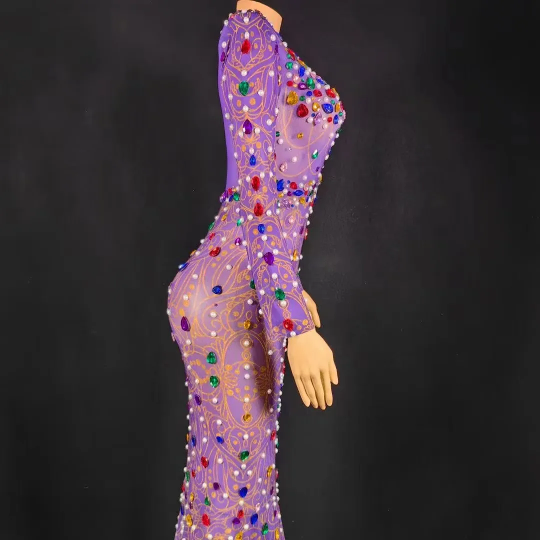 Women Purple Luxury Glitter Rhinestone Pearl Floor Length Birthday Evening  Party Dress Long Sleeve Pregant Photo Shoot Gowns - AliExpress 200000532