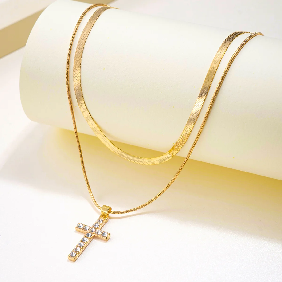 Fashion Zircon Cross Pendant Necklace For Women Gold Color Korean Exquisite Double Layer Neckalces 2024 Trend Jewelry Gifts