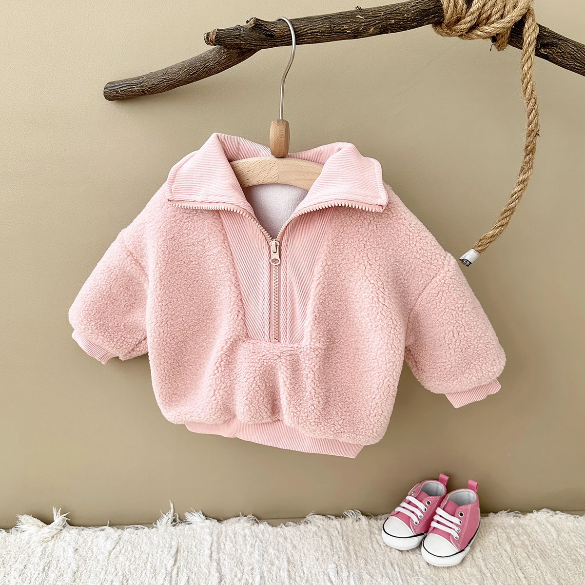 Korean Baby Boys Girls Coat Lamb Wool Warm Winter Thicken Half-Zip Fleece Jacket Solid Colour 0-3Y Toddler Top