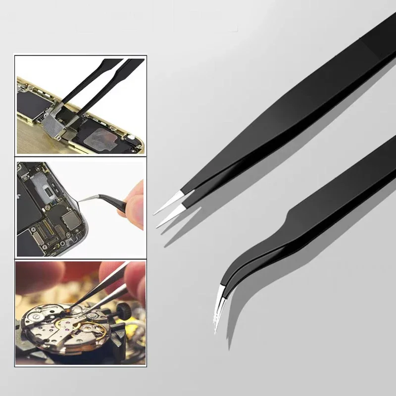 Precision Tweezers 2pcs/lot Anti-static Precision Tweezers Set Pointed Curved Stainless Steel Electronics Repair Tools