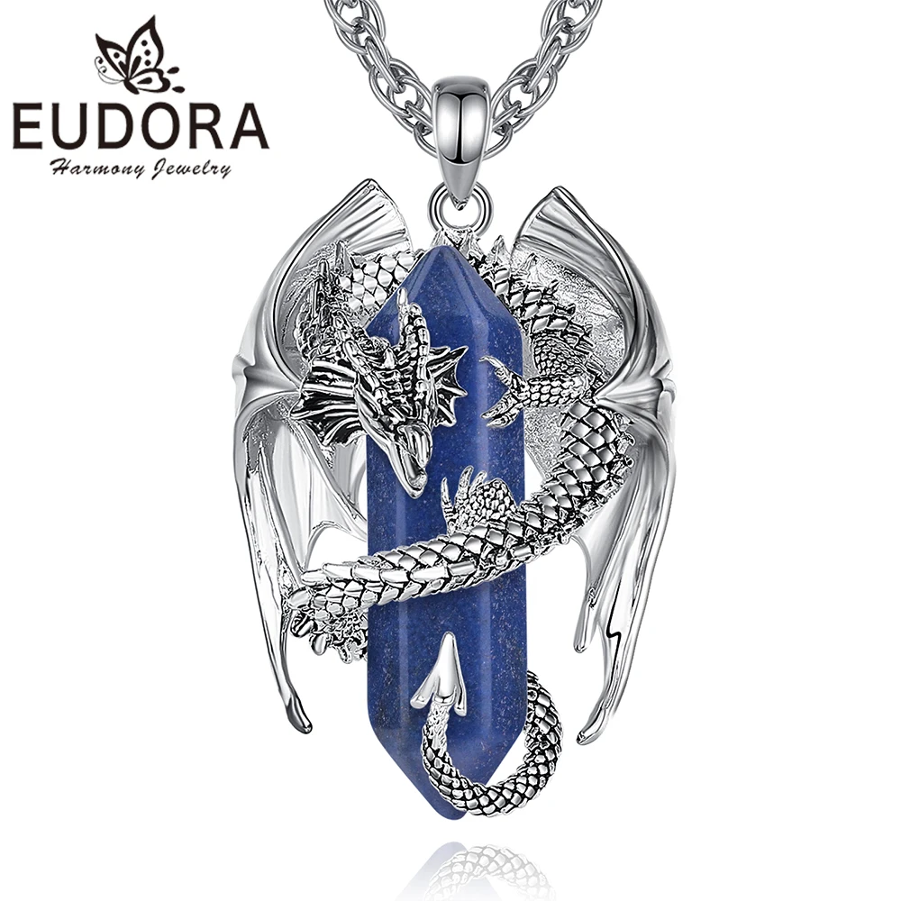 Eudora Dragon Twining Hexagonal Lapis Lazuli Prismatic Necklace Punk Healing Crystal Stone Pendant Jewelry For Women Man Gift pendant necklace
