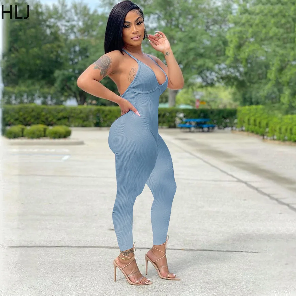 HLJ Sexy Ribber Solid Color Bodycon Jumpsuits Women Suspenders Backless One Piece Playsuits Casual Female Sporty Overall 2023