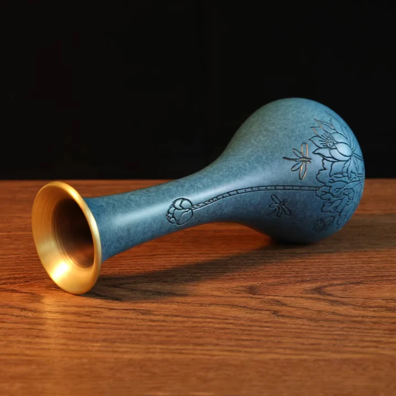 Chinese Style Creative Copper Vases Ornament, Home Living Room Desktop Decorations, Carving Lotus Pattern, Metal Brass Vase, 1Pc