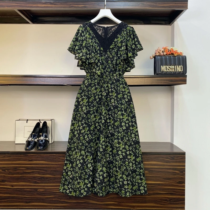 

Женские шифоновые длинные платья, летние женские платья с V-образным вырезом и коротким рукавом, большие размеры 3XL, элегантные облегающие трапециевидные Платья с цветочным принтом и оборками