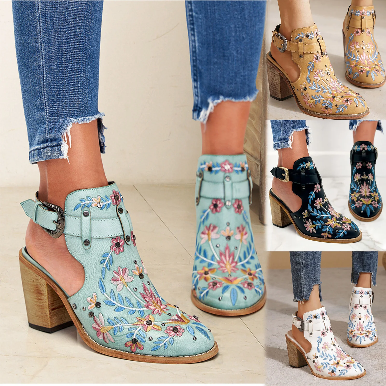 

Chunky Block Heel Sandals Women Floral Embroidery Ankle Boots 2023 New Designer Western Vintage Buckled Backless Wooden Booties