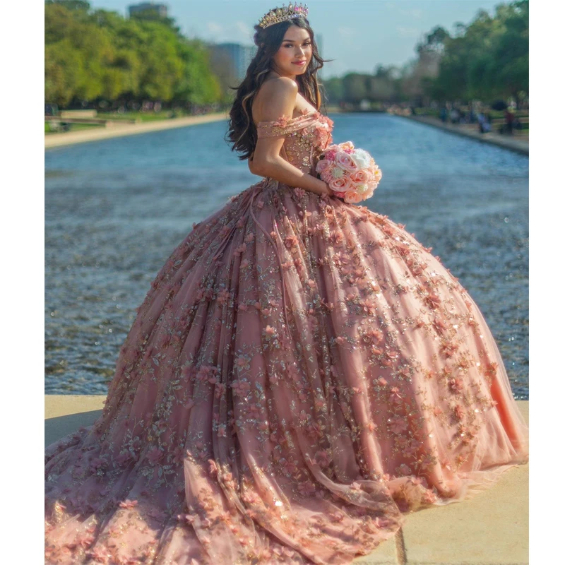 

Rose Gold Quinceanera Dresses Ball Gown Applique 3DFlower Birthday Party Dress Lace Up Graduation Gown Sweetheart de 15 anos