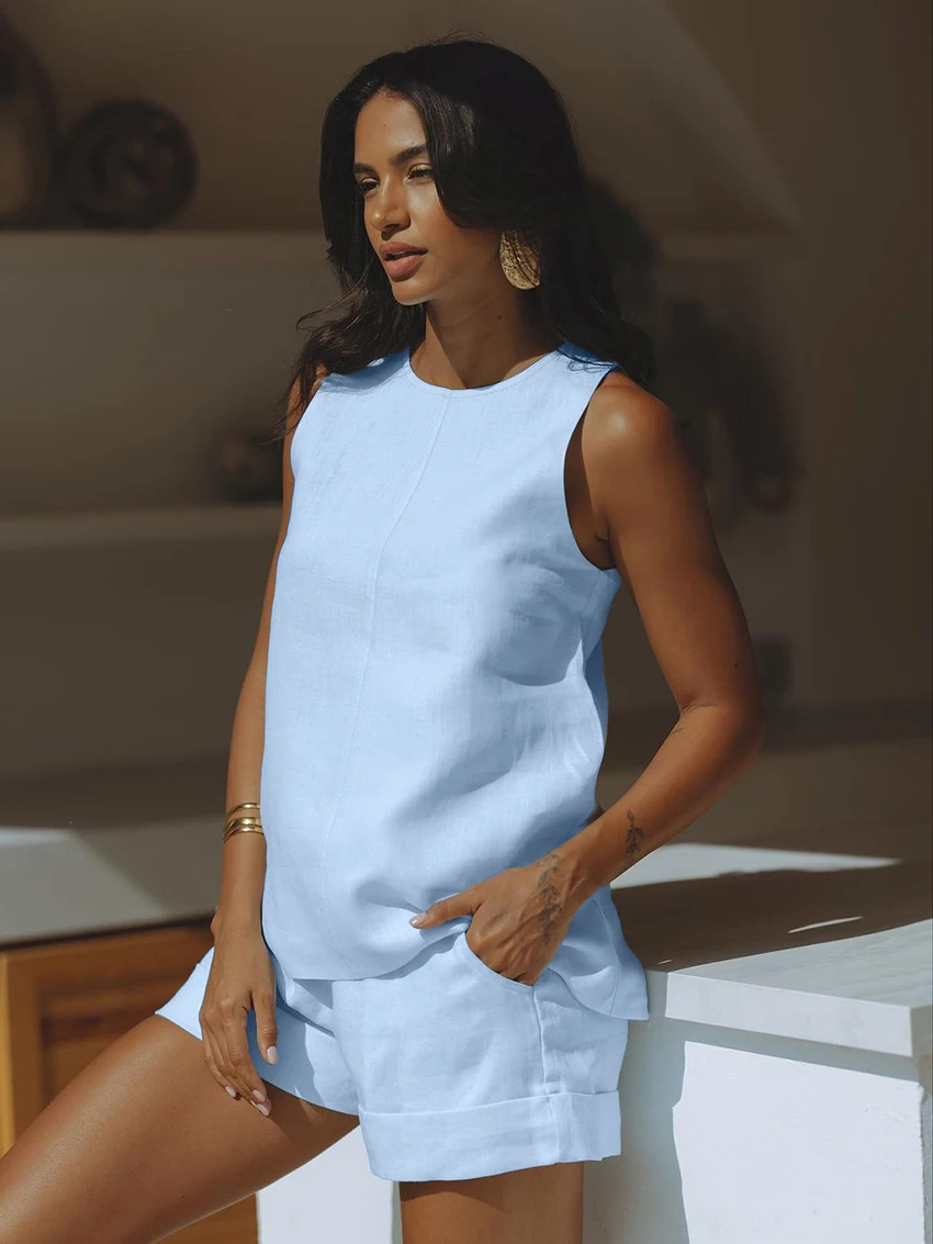 Marthaqiqi Summer Ladies Nightgowns Suit O-Neck Sleepwear Sexy Tank Tops Nightwear Shorts Cotton Casual Women Pajama 2 Piece Set