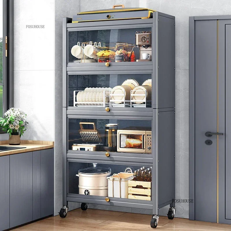 Multifunction Storage Cabinet Nordic Carbon Steel Kitchen Cabinets Home Multi-layer Microwave Oven Floor Rack with Flip Door H 4