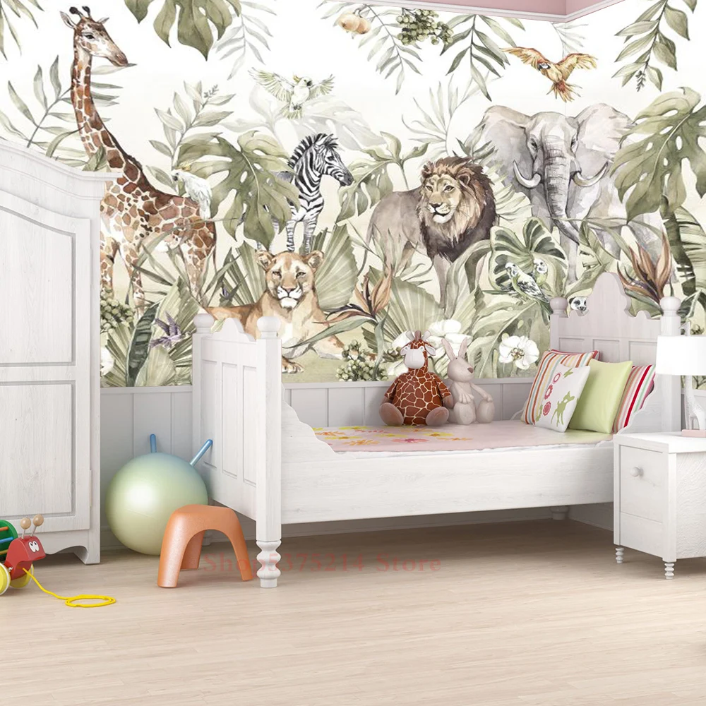 Selva Animal Wallpapers 3d Decoração da Casa para o Quarto das Crianças Folha Tropical Leão Girafa Zebra Arte Foto Papel de Parede Tamanho Customizável