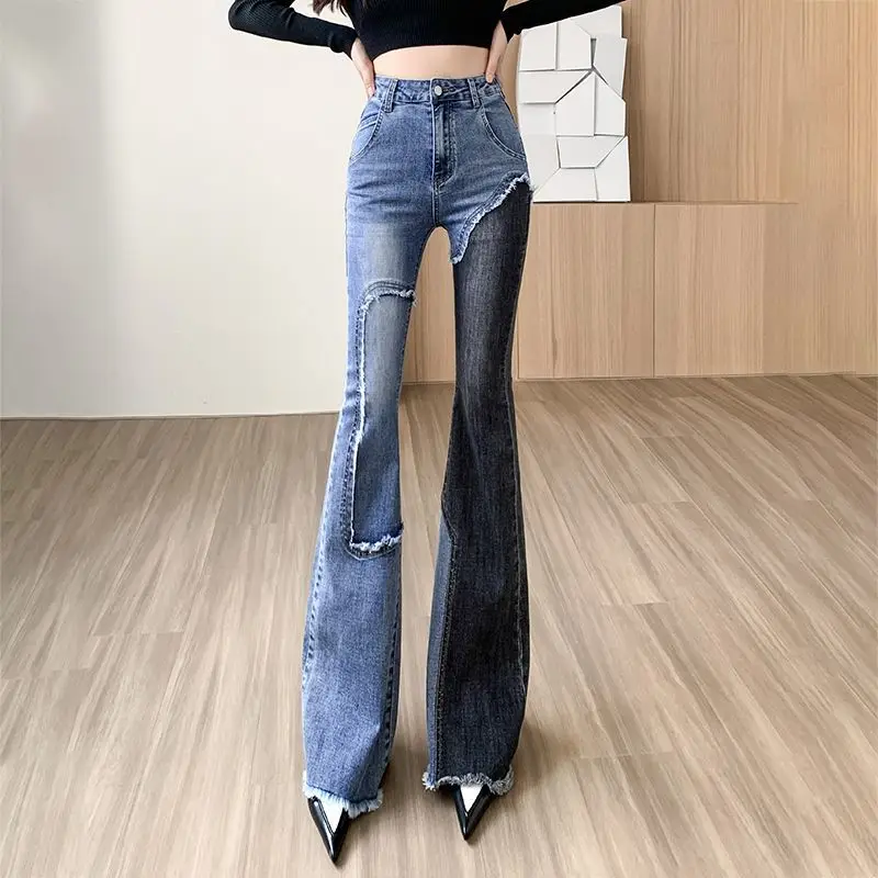 

Autumn New Vintage Raw Edge Personality Splice Jeans Women's Slim Stretch High Waist Slim Pants women jeans vintage clothes