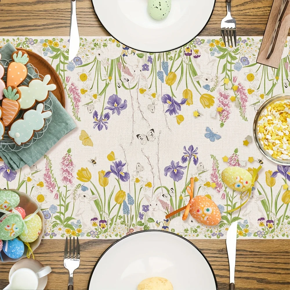 Happy Easter Theme Bunny Linen Table Runner Holiday Party Decor Spring Watercolor Wildflowers Plants Table Runners Table Decor 4