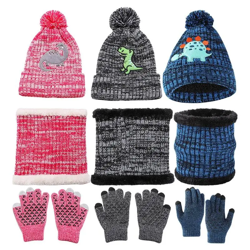 Winter Hat Neck Warmer Gloves Set Cute Pompom Hats Outdoor Warm Infant Accessories Knitted Scarf Gloves with Cute Dinosaur Print kids beanie with scarf winter toddler beanie pompom hat warm bonnet cap for boys girls winter children earflap caps dinosaur