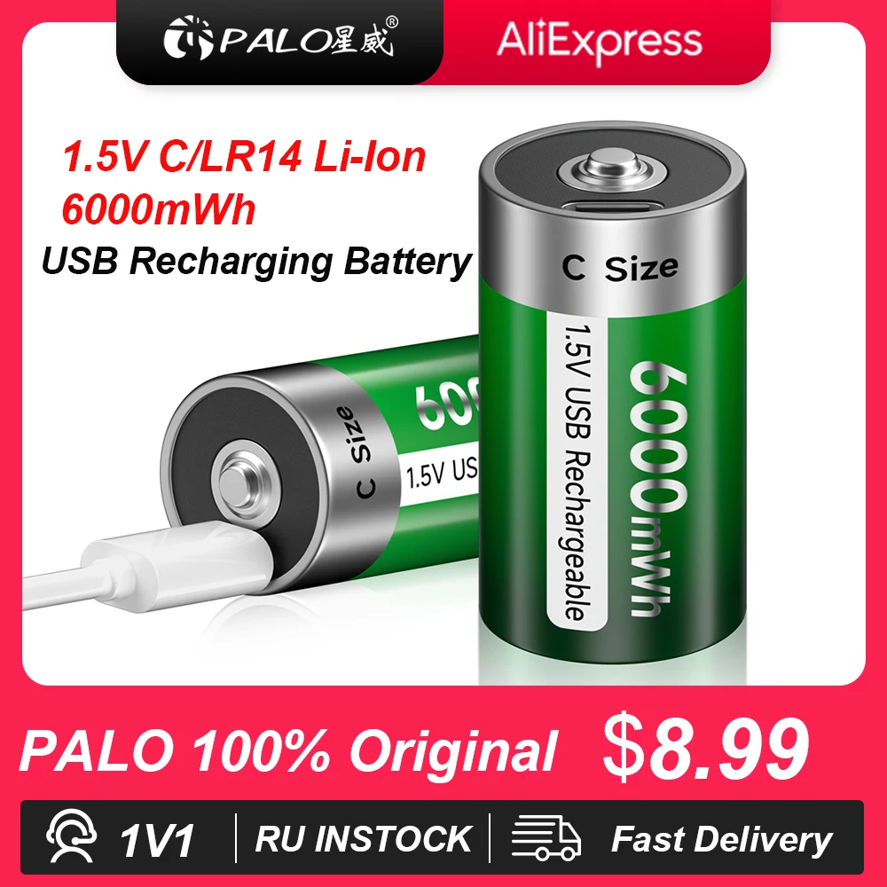 PALO 6000mWh 1.5V C Size Rechargeable Battery Type C USB Charging R14 LR14  Li-ion C Battery Batteries for Flashlight Gas Cooker