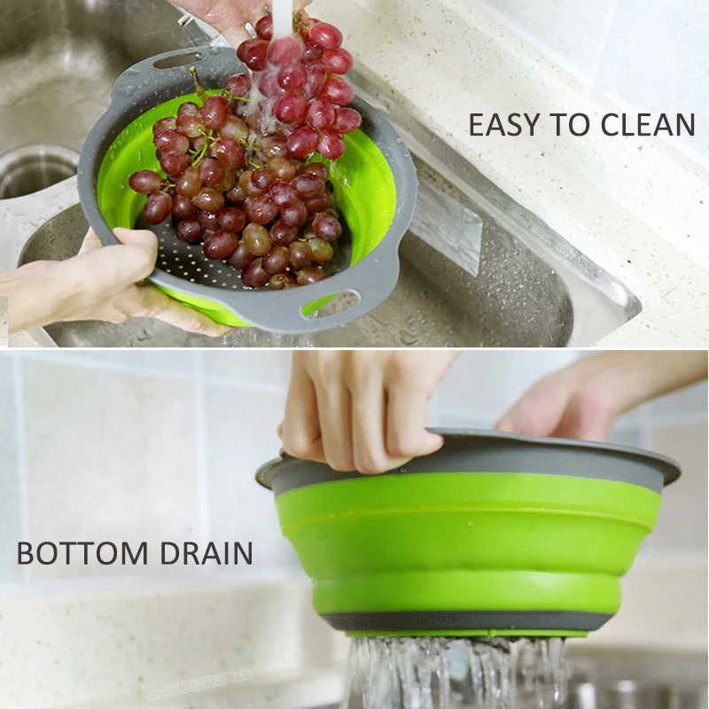 1/2pcs Silicone Round Folding Vegetable Fruits Washing Drain Basket Colander Strainer Collapsible Drainer Kitchen Tool 2