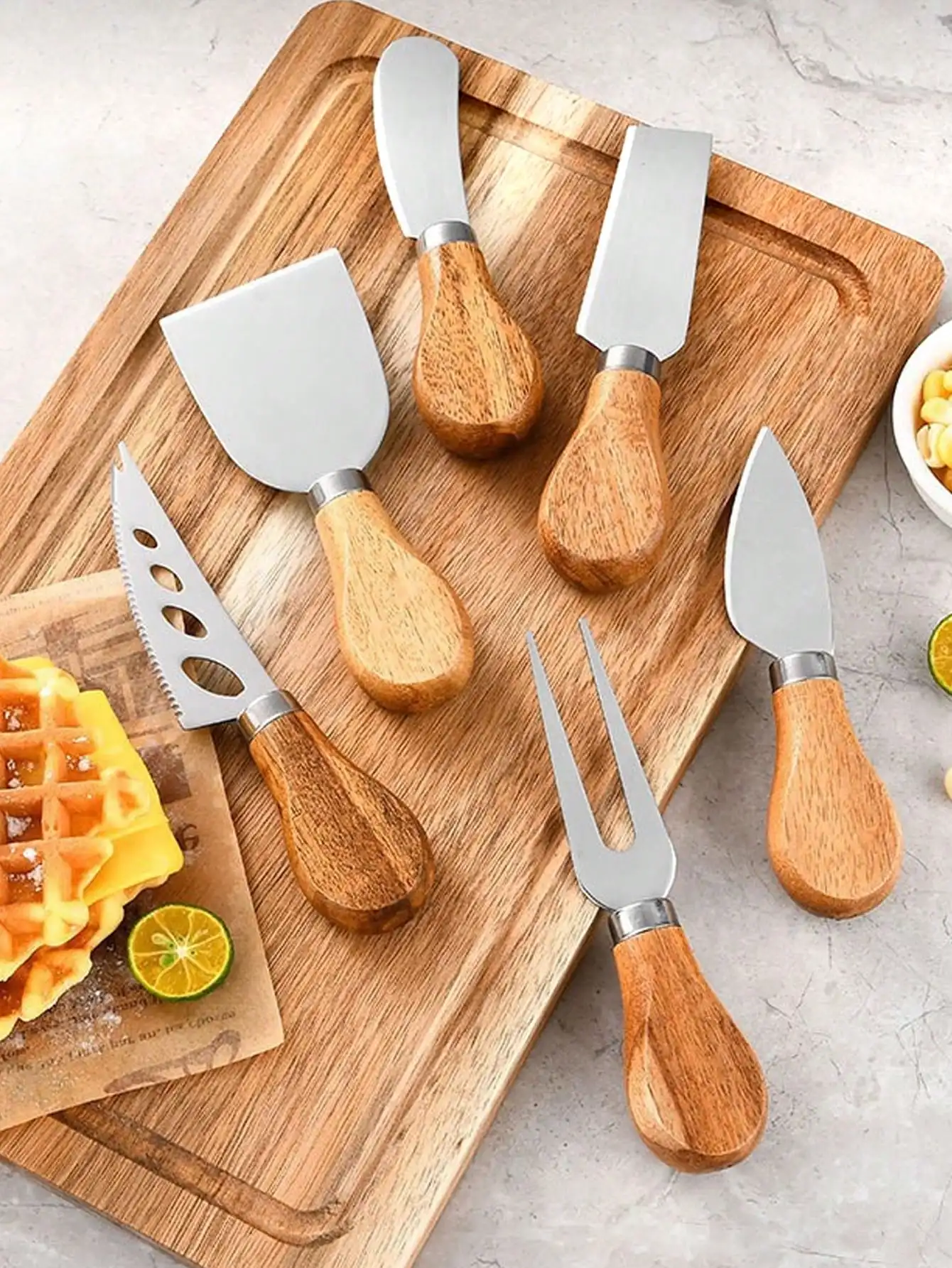 Leeseph 6-Piece Cheese Knife Set Complete Stainless Steel Cheese Knives Collection (Acacia Wood Handle) Christmas Gifts