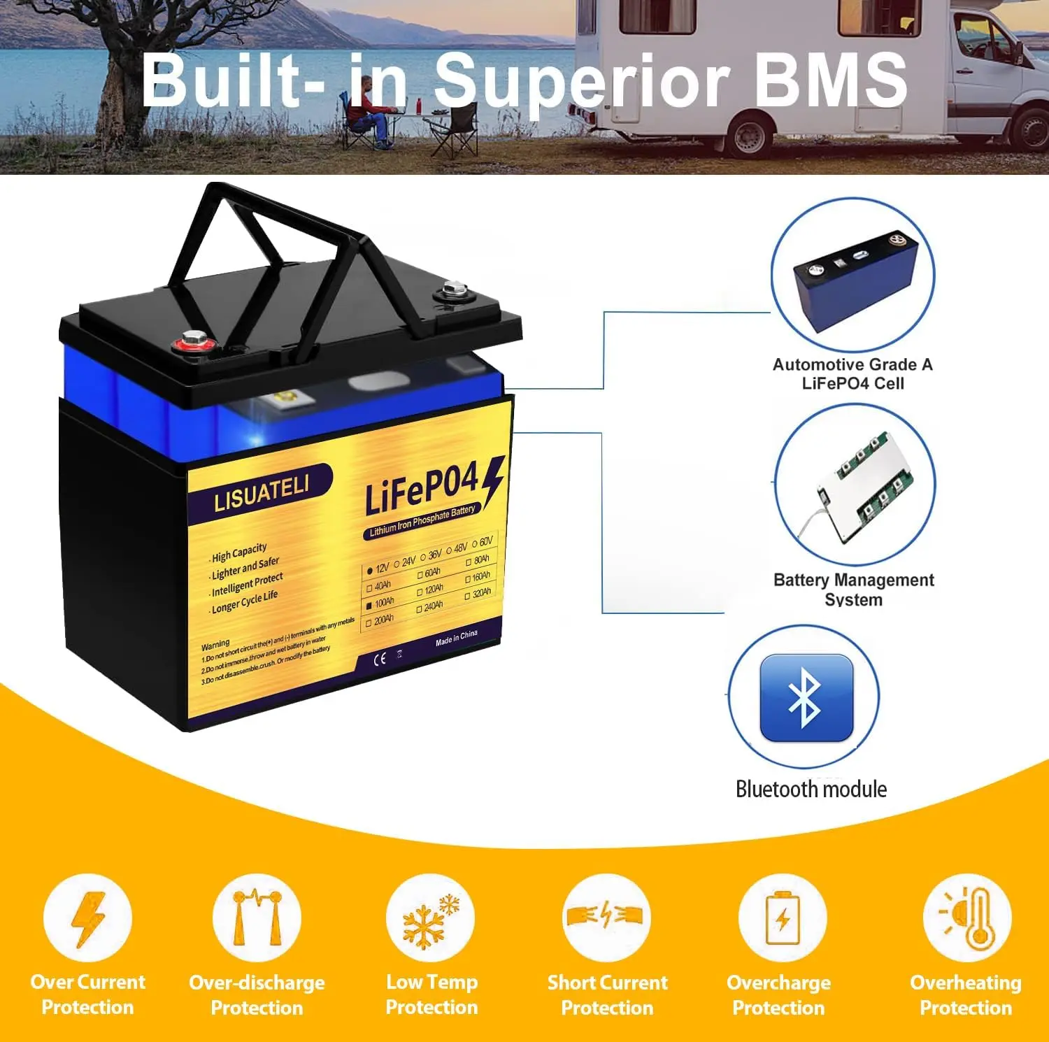 LFPEST Bluetooth 12V 100Ah LiFePO4 Battery - 6000+ Deep Cycles Automotive  Grade Lithium Iron Phosphate Battery Built-in 100A BMS with APP Monitors