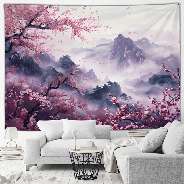 Tapisserie de paysage japonais, fleurs de cerisier roses, montagne brumeuse, paysage asiatique, décoration murale pour la maison, le salon et la chambre à coucher 1