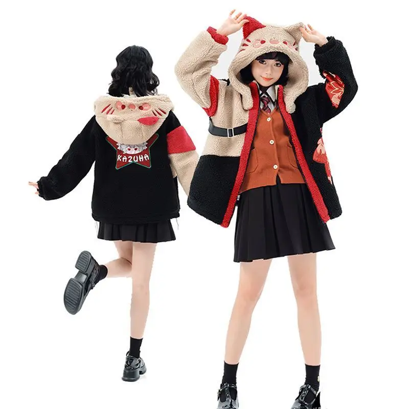 

Anime Gmae Genshin Impact Coat Zhongli Hu Tao Cosplay Costumes Cartoon Cute Plush Zipper Hoodie Lamb Wool Coat