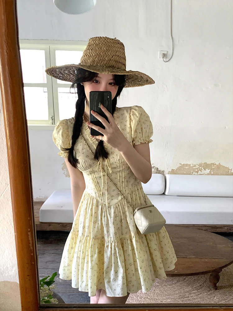 French Floral Printed Short Dresses for Women Y2K V-neck High Waist Birthday Party Dress Korean Chic Prom A-line Summer Vestidos