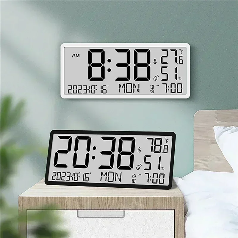 Digital Wall Clock Battery Powered LCD with Temperature Humidity Date Time Week Display Desktop & Wall Hanging