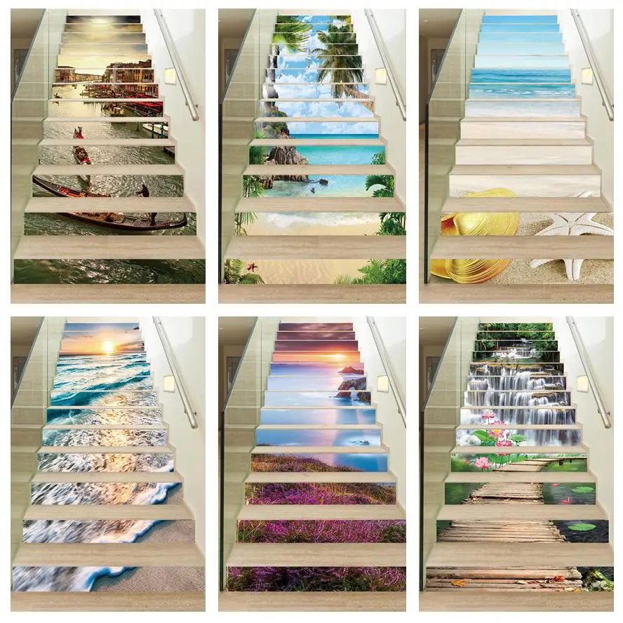 

6/13pcs Water Boat Seascape Waterfall Stairs Stickers Peel & Stick Staircase Mural 3D Stair Riser Wall Sticker Decal Custom Size