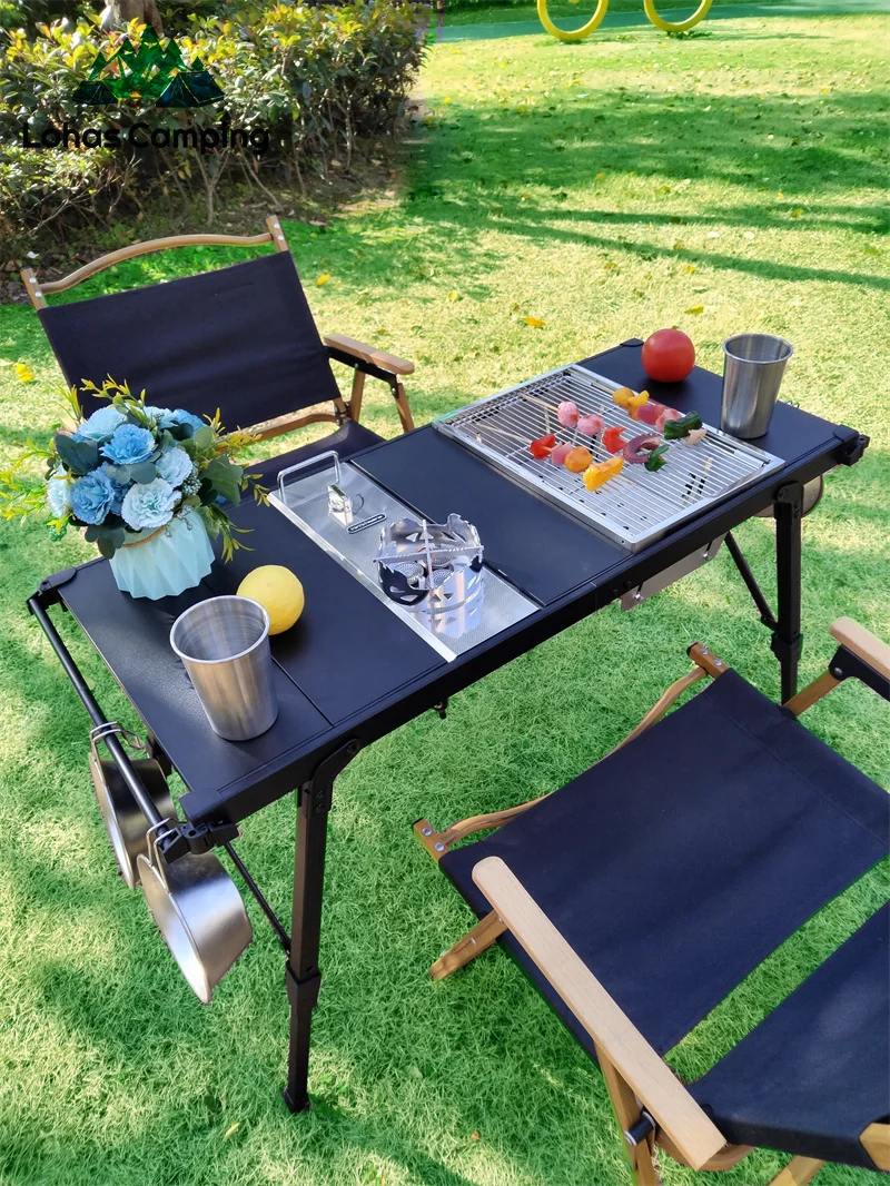 キャンプ用軽量折りたたみ式テーブル ロール付き 調整可能な脚