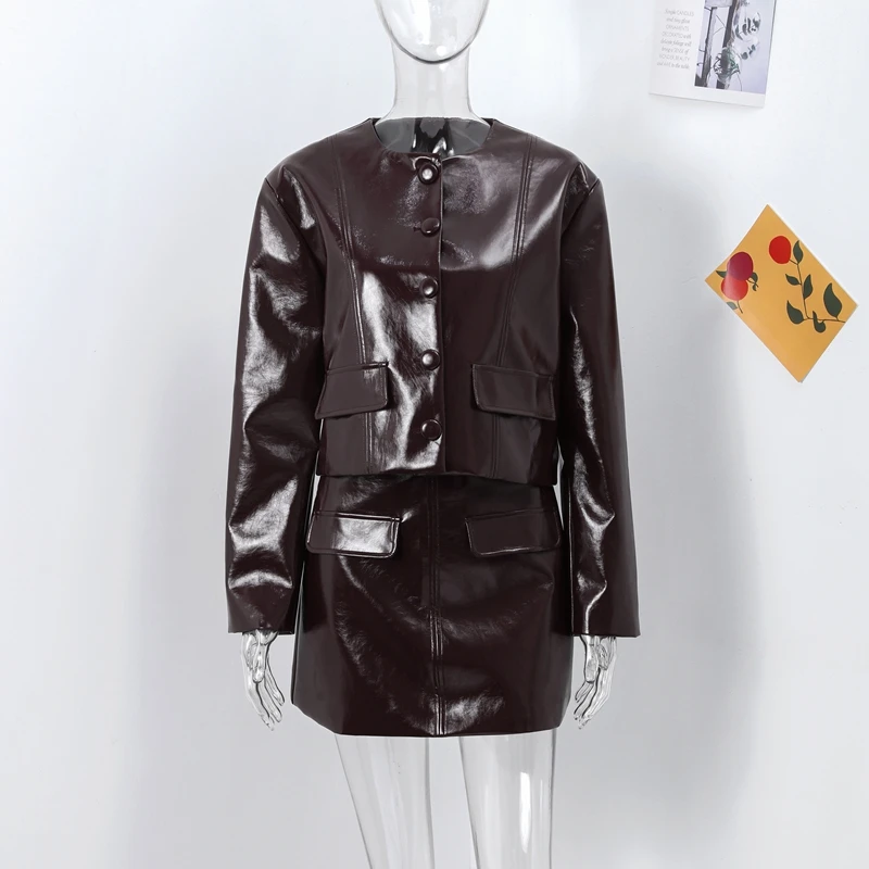 Casual Leather Jacket Skirt Set for Women 2 Pieces Lapel Single Breasted Top Mini Skirts Autumn Lady Y2k All-matching Outfits