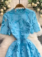 Ele Summer Lace round Ne Dr Women's High Waist Slimming Long Skirt Korean Sle Commute High Softn Regular Sve - Image 2
