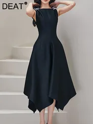 DEAT Evening Dress Sleeveless Diamond Bow Sleeveless Irregular Black Women's Elegant Dresses 2024 Spring New Fashion 13DB1257