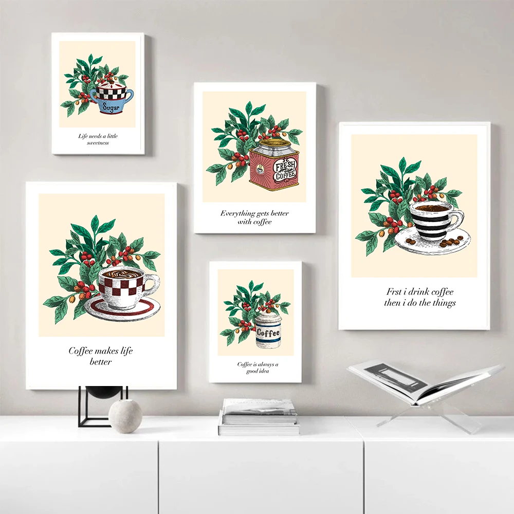Vintage Coffee Poster Coffee Bean Cup Illustration Canvas Painting Nordic Wall Art Print for Living Room Cafe Kitchen Home Decor