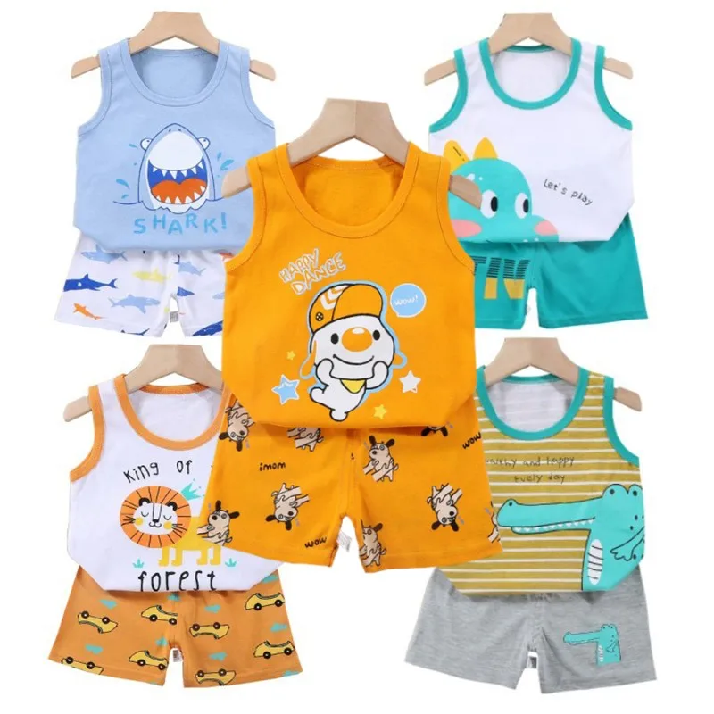 2-Piece Clothing Set Cartoon Soft Cotton Pajama Vest+Shorts Summer Kids Baby Boys Girls Casual Tracksuit Clothes Suit 0-6 Years
