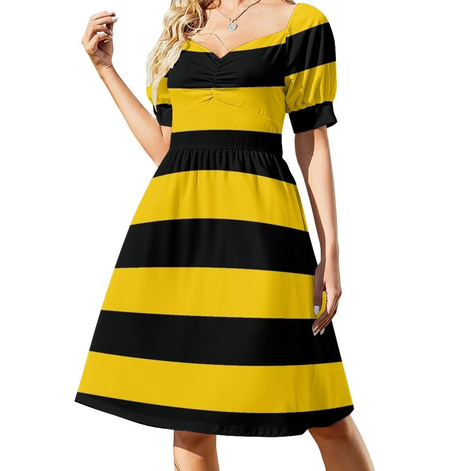 thumbnail image 1 of Vestido de manga corta con estampado de abejas y rayas negras y amarillas para mujer Vestido largo de verano para mujer, 1 of 7