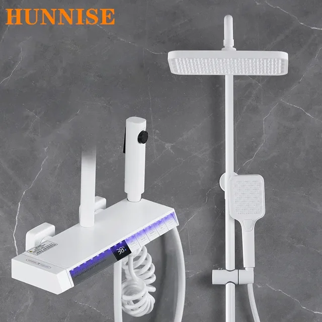 สีขาว LED เปียโนดิจิตอลชุดฝักบัวน้ําตกก๊อกน้ําห้องน้ําร้อนเย็น Bath Mixer TAP Rain Thermostatic เปียโนระบบ 1