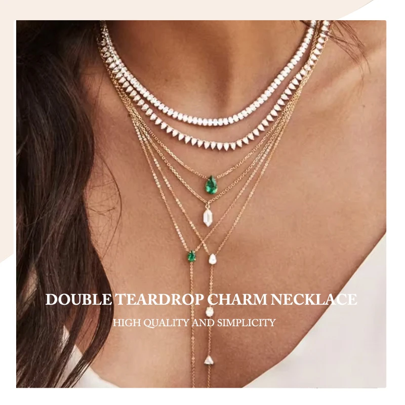 Hochwertige einfache doppelschichtige Tropfen-Charm-Halskette mit grünem CZ gepflastert für Damen, modischer klassischer Schlüsselbeinkettenschmuck