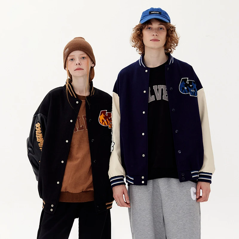 

Cartoon Pattern Pu Leather Splicing Baseball Jacket Jacket Korean Fashion Streetwear Loose College Style Tops Couple Aesthetic