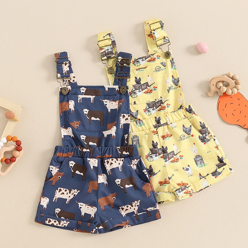 Children s Boys Denim Overalls with Dinosaur Print Adjustable Straps Buttons Pockets Shortall Summer Romper Jumpsuit