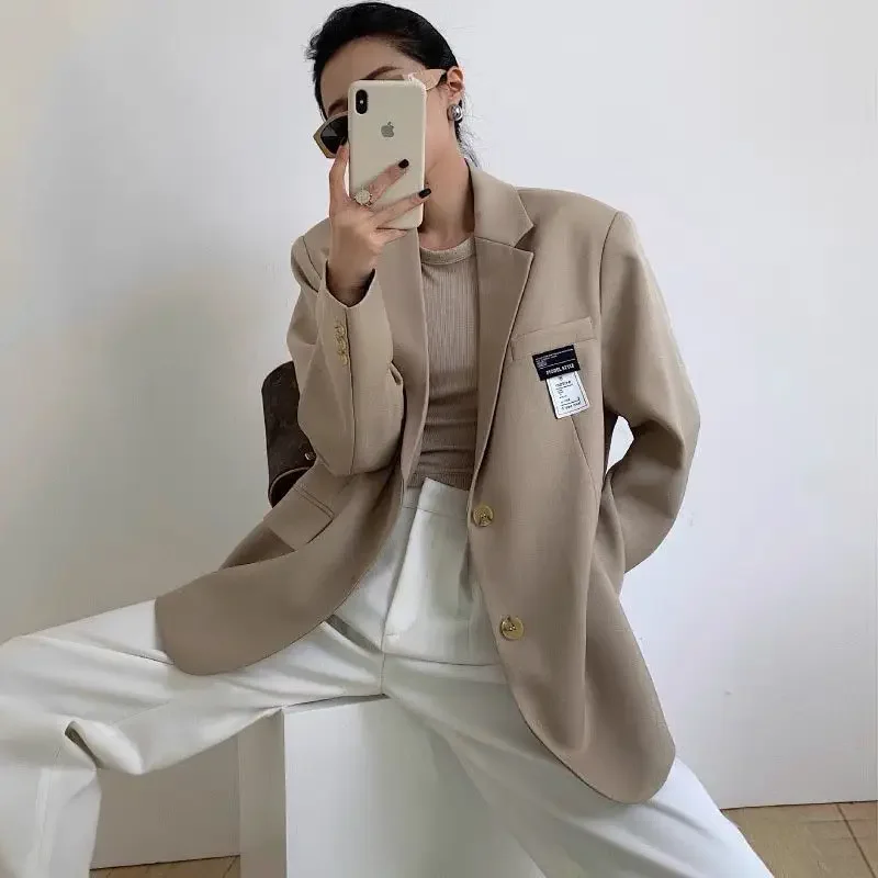 Luxury Chic Long Sleeve Blazer Women Black Suit Buttons Office Ladies Jacket Korean Fashion Spring Autumn Mid-length Casual Coat