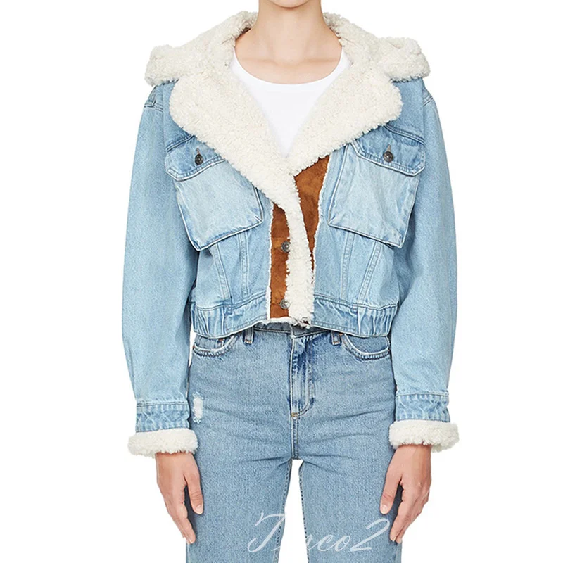 Tesco Blue Denim Lamb Wool Coat 2023 For Women Autumn Winter Patchwork Single Breasted Short Jacket Coat For Female Streetwear