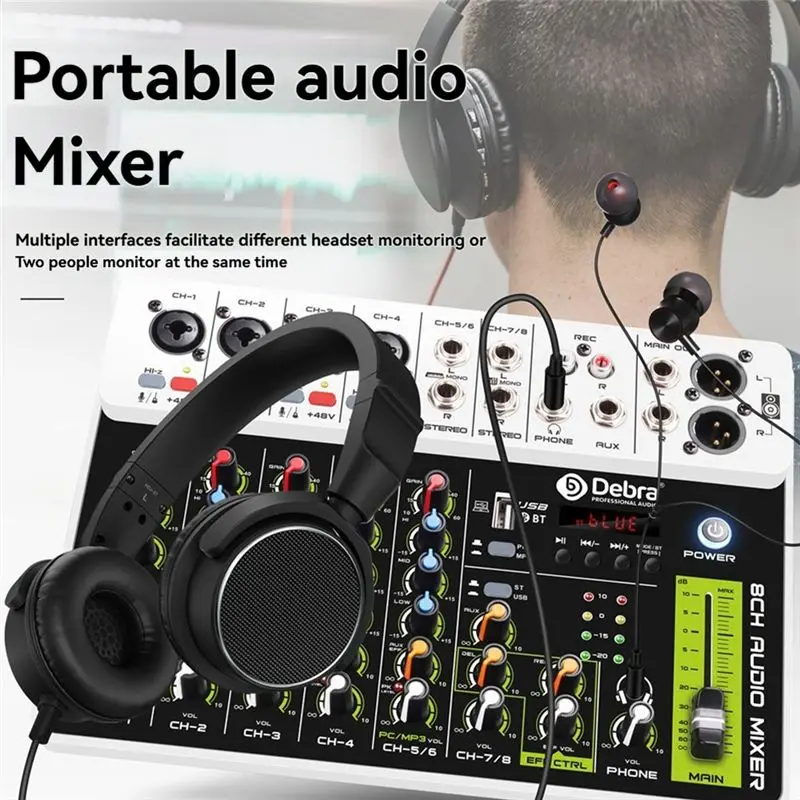 DEBRA PROFESSIONAL AUDIO V8 오디오 믹서 블루투스 USB 48V 팬텀 파워 딜레이 리피트 기능이 있는 소형 믹싱 콘솔(DJ용)