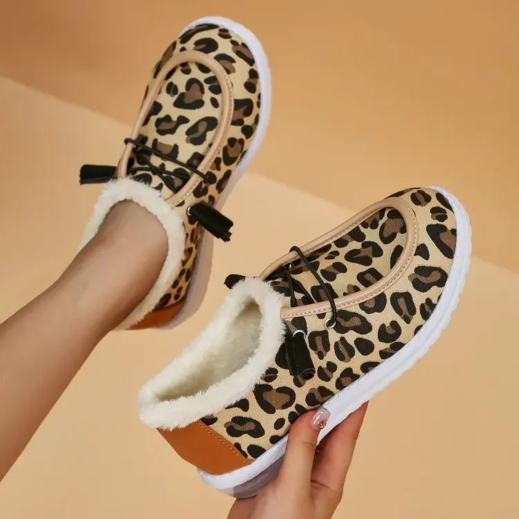 

2023 Winter Warm Plush Vulcanize Sneakers Fur Mocassin Loafers Leopard Print Shoes Women Comfort Flats Slip on Chaussure Femme
