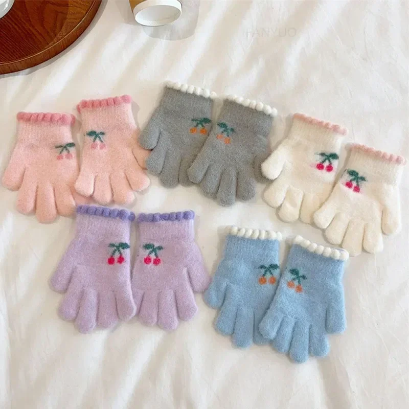 Korean Sweet Cherry Children Kids Warm Gloves Winter Windproof Thicken Boys Girls Kids Cycling Mittens Cute Fashion Baby Gloves 3