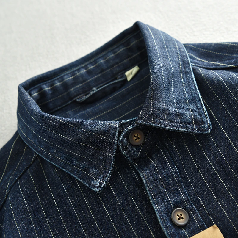 Denim Shirt Long Sleeved Shirt 17oz Heavyweight Retro Casual Wear Men's Shirt Coat Washed Denim Cargo Jeans Oversized Tops Vertical Stripped Long Sleeve Male