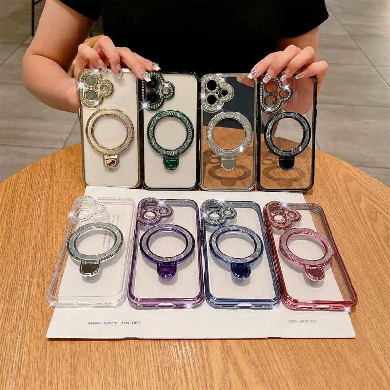 Transparent leaky label rhinestone phone case with textured magnetic bracket For iPhone 13 14 15 16 pro max